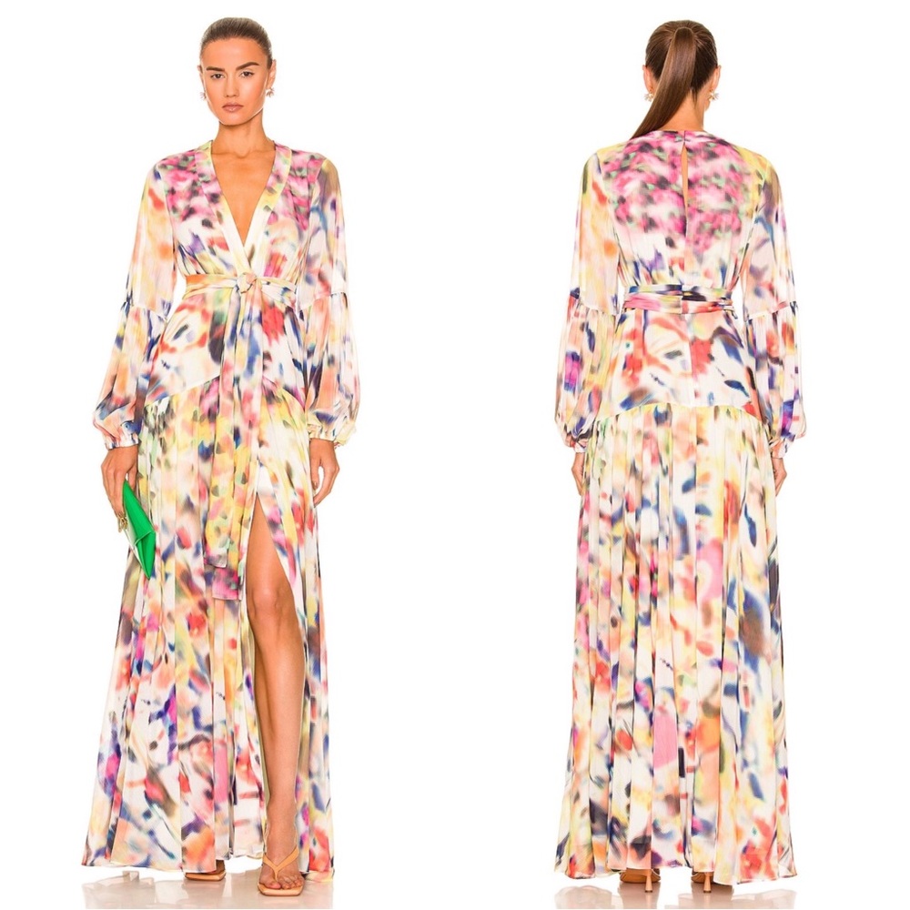 Alexis Becker Iridescent Long Sleeve Belted Plunging V Neckline Maxi Dress Sz S - Picture 2 of 11